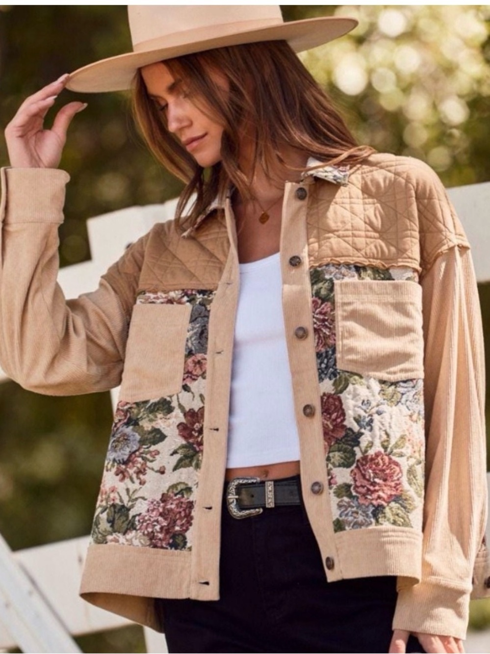 Boho Cottagecore Quilted Tapestry Floral Corduroy Shacket Size 3X Layering